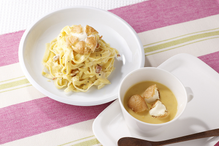 【プチシューちょい足しレシピ】カルボナーラ＆コーンクリームスープ